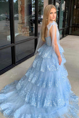 2025 Light Blue Layered Prom Dress Tiered Tie Staps Plunging Neck - MyChicDress