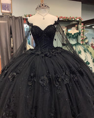 2024 Nuevos vestidos de quinceañera baratos negros con flores y cristales con cuentas