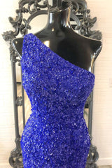 2024 Un hombro azul real vestidos de fiesta vestido de noche largo de lentejuelas