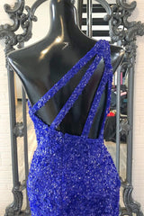 2024 Un hombro azul real vestidos de fiesta vestido de noche largo de lentejuelas