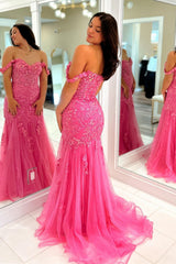 2024 vestidos formales de encaje floral rosa sirena fuera del hombro