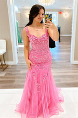 2024 vestidos formales de encaje floral rosa sirena fuera del hombro