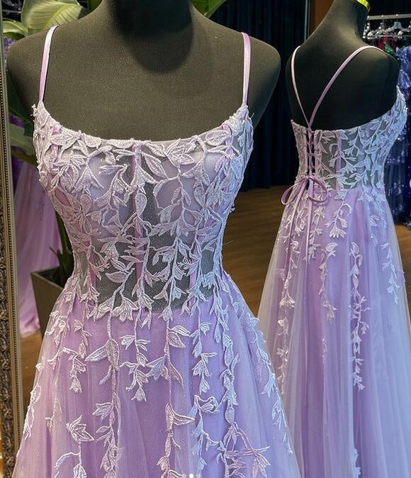 2025 Straps Violet Purple Prom Dresses Lace Tulle Long A-line Dress - MyChicDress