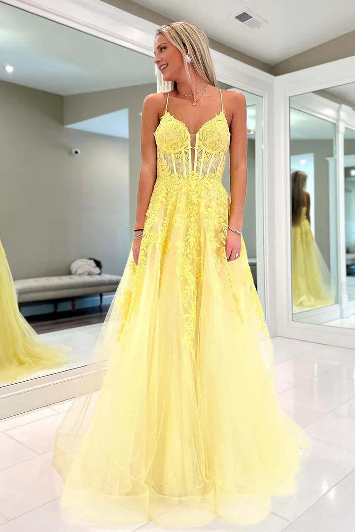 Vestido de fiesta largo de encaje amarillo de corte A 2025 con