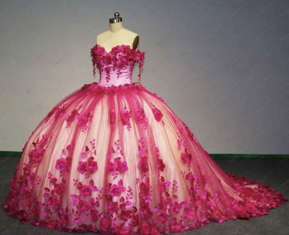 2025 New Off The Shoulder Hot Pink Quinceanera Dress 3D Flower Ball Gowns