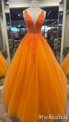 Orange Lace Beaded Prom Dresses V Neck Tulle Sleeveless Evening Dress UK