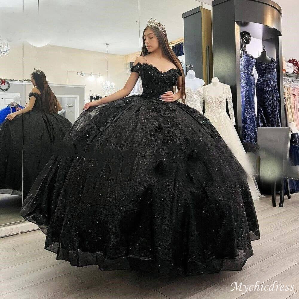 2025 Plus Size Black Quinceanera Dresses with Flowers Crystals - MyChicDress