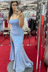 2025 Vestidos de fiesta largos rojos con lentejuelas y sirena sin tirantes Vestido formal