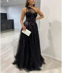 2025 Vestido de fiesta largo de un hombro negro Vestido formal con abertura