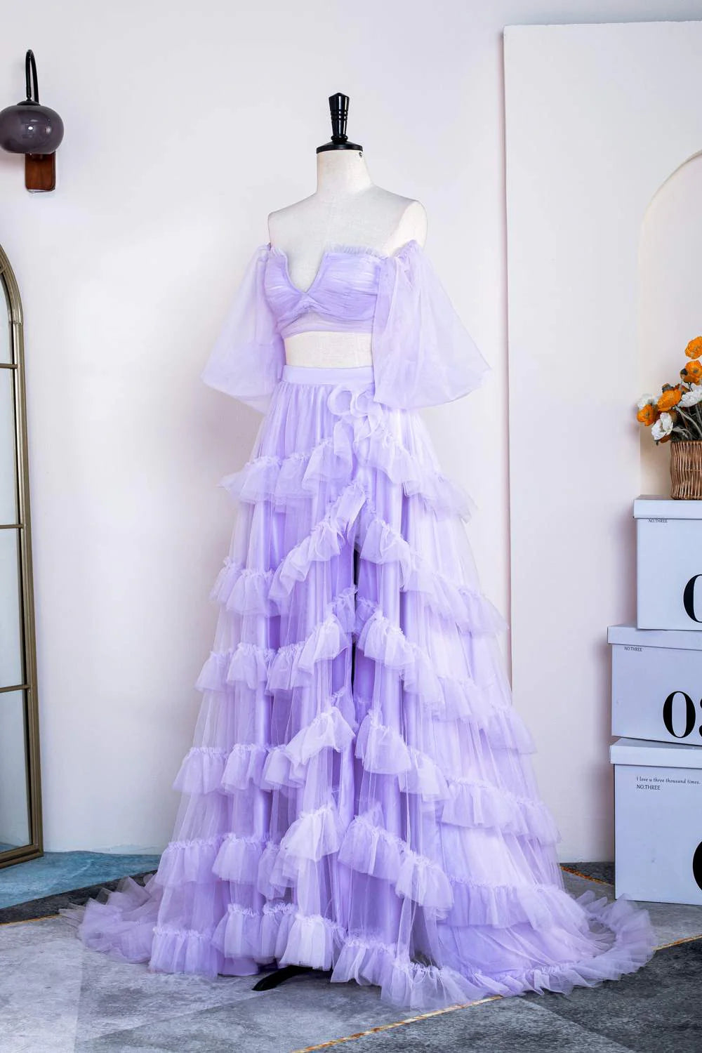 2 Piece Lavender Prom Dress Tulle Off the shoulder with Ruffles Mychicdress