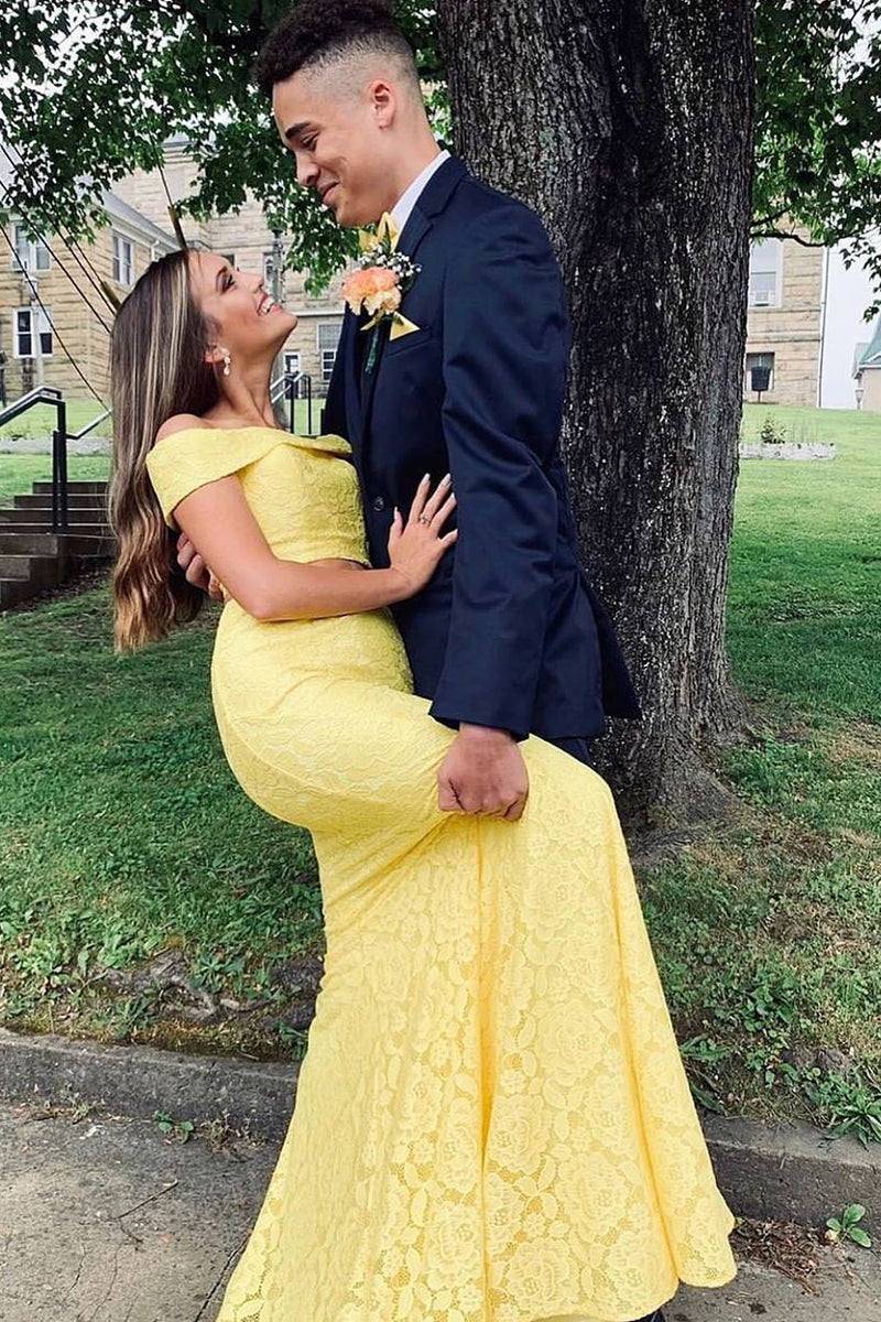 2 Piece Yellow Lace Prom Dress Mermaid Off the Shoulder Formal Dress - MyChicDress