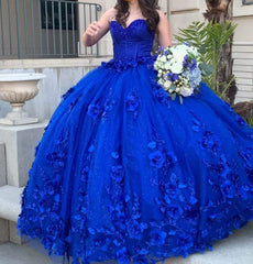 Flores 3D Cristales Vestidos de quinceañera azul real 2024 Vestido dulce 16