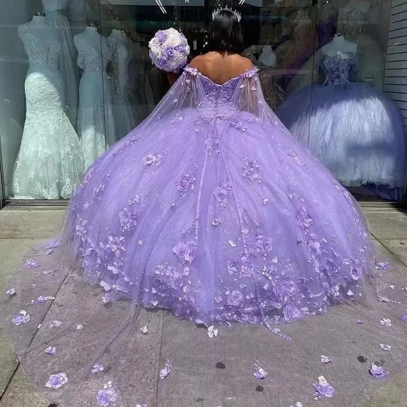 Ball Gown 2025 Quince Dresses Purple With Cape 3D Flowers Tulle Sweetheart