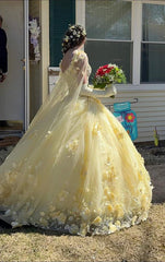 Vestidos de quinceañera amarillos de tul con flores en 3D, vestidos de fiesta XV con capa