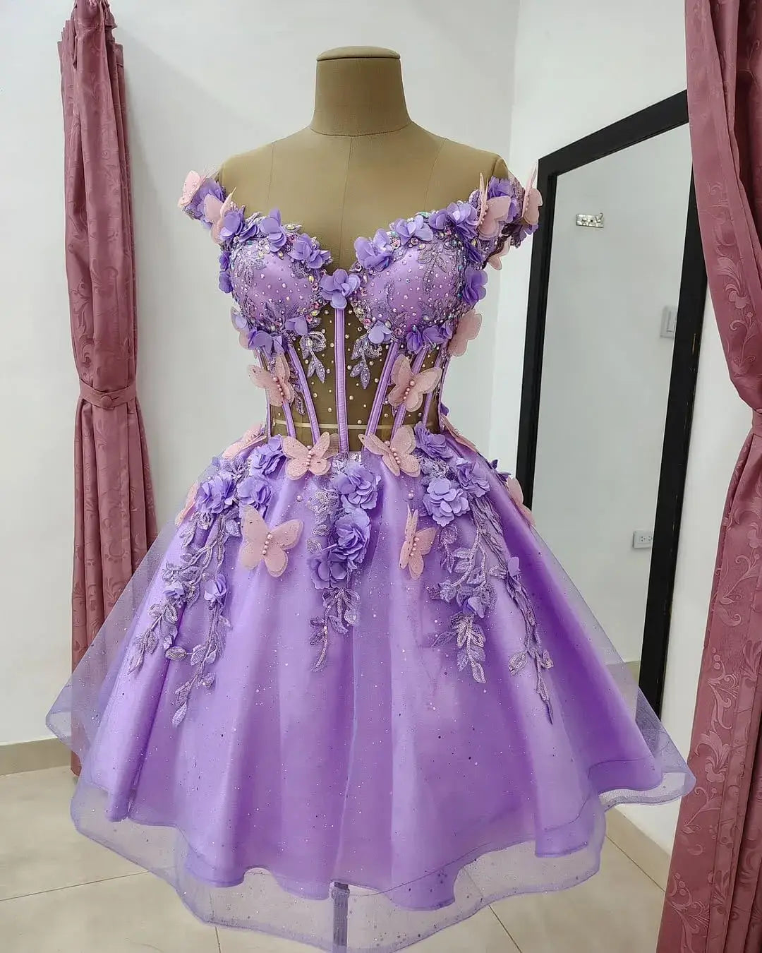 3D Butterfly DAMA Dress for Quinceanera Short Hoco Dresses Off Shoulder