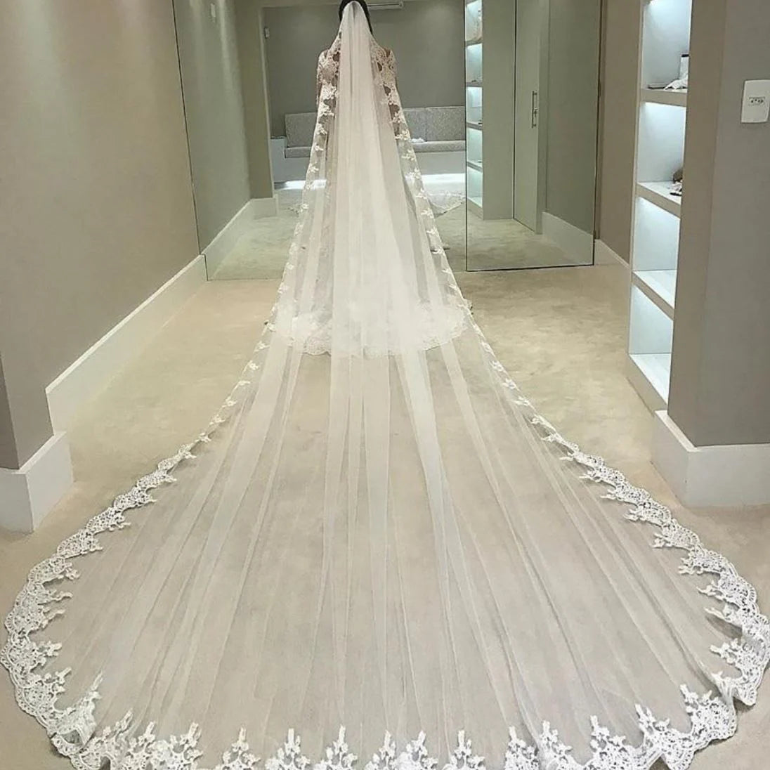 Cheap 4M Wedding Dresses Veil Tulle Full Edge Lace Bridal Veil