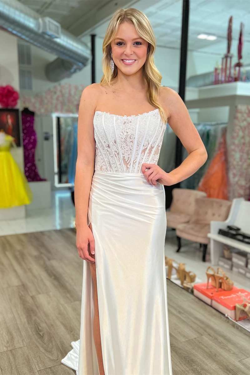 Mermaid Long Strapless Formal Dress 
Lace Satin Ruching with Slit - MyChicDress