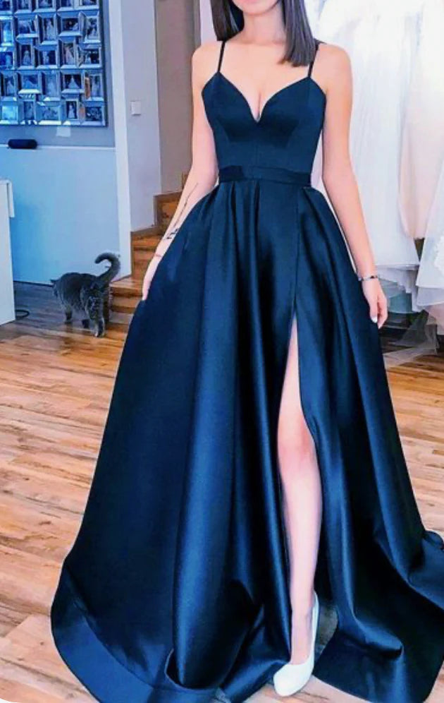 A Line 2025 Black Prom Dresses V Neck Evening Gown Spaghetti Strap MyChicDress