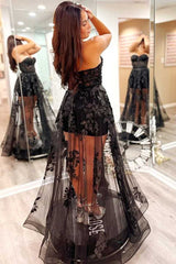 A-Line Black Prom Dresses Lace 2024 Long Evening Dress Strapless Appliques MyChicDress