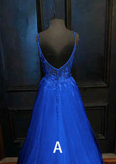 A Line Blue Lace Prom Dresses 2025 Cheap V Neck Formal Dresses MyChicDress