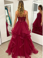 A Line Burgundy Lace Prom Dresses 2024 V Neck Tulle Formal Gown MyChicDress