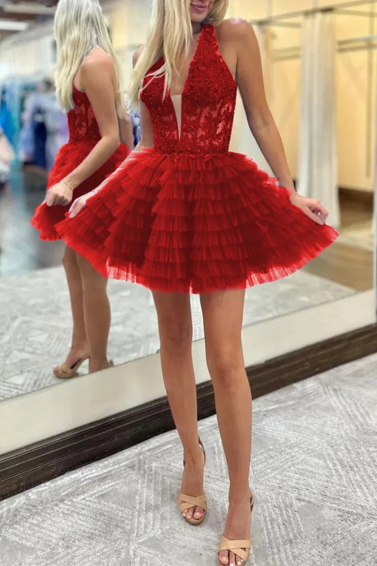 A-Line Halter Silver Lace Homecoming Dress Layered Applique