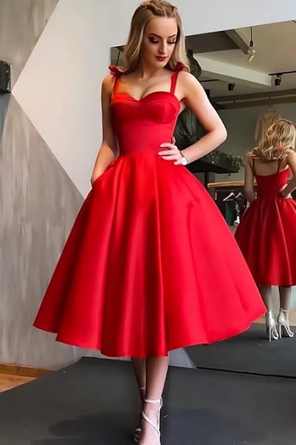 Vestido de fiesta rojo hasta la rodilla con corte en A y corsé de satén