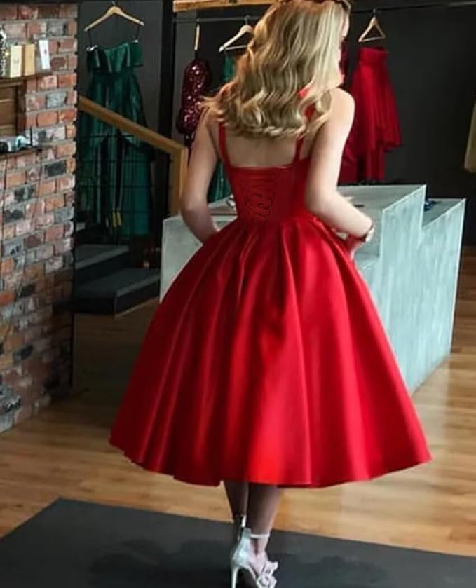 Vestido de fiesta rojo hasta la rodilla con corte en A y corsé de satén