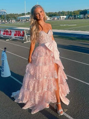 A Line Layered Pink Prom Dresses Lace V Neck with Bow