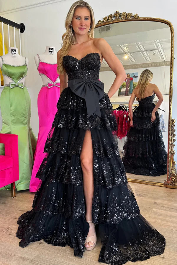 Tiered black Prom Dresses Lace V Neck with Bow Mychicdress