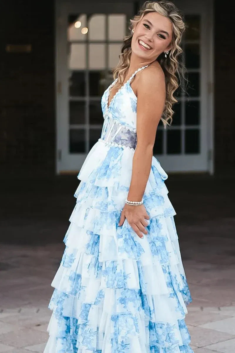 Cheap Long Corset Floral Prom Dress Blue Halter with Ruffles