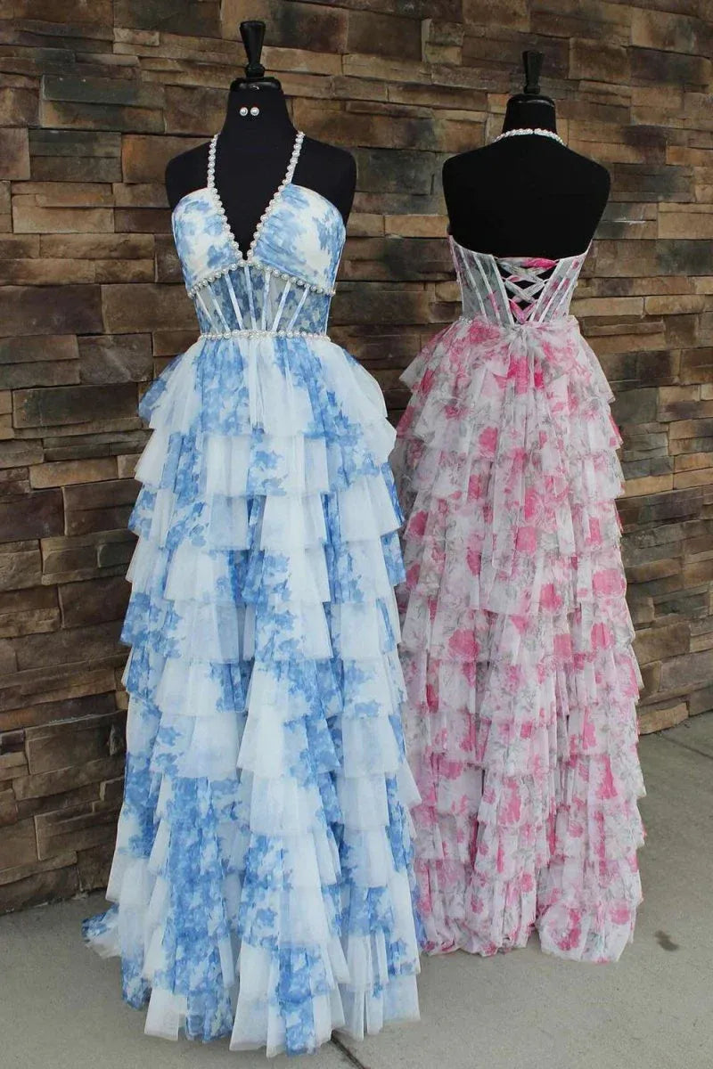 Cheap Long Corset Floral Prom Dress Blue Halter with Ruffles