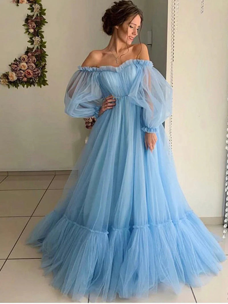 Una línea fuera del hombro vestido de fiesta verde salvia Vestido de novia largo de tul Mangas de burbuja