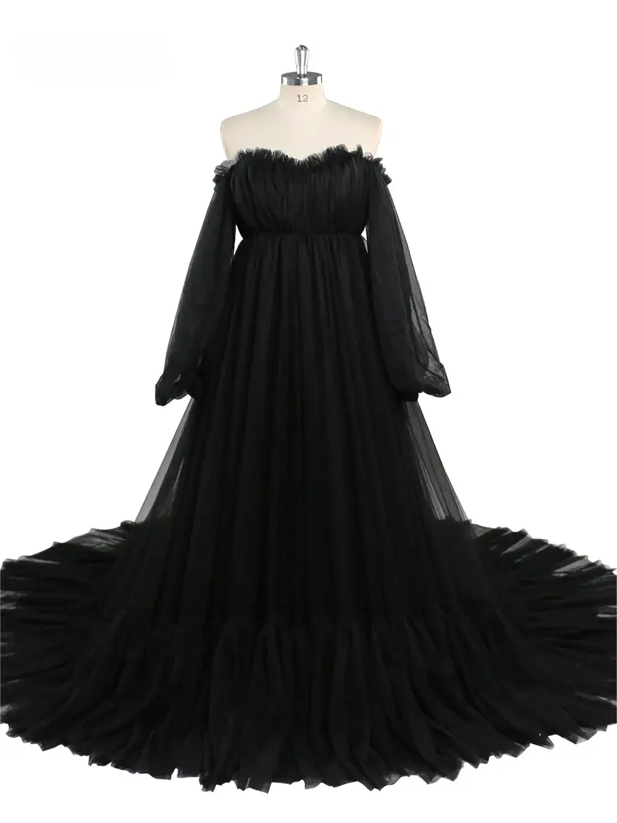 Una línea fuera del hombro vestido de fiesta verde salvia Vestido de novia largo de tul Mangas de burbuja