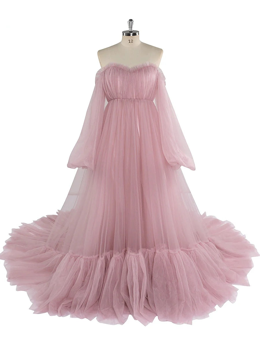 Una línea fuera del hombro vestido de fiesta verde salvia Vestido de novia largo de tul Mangas de burbuja