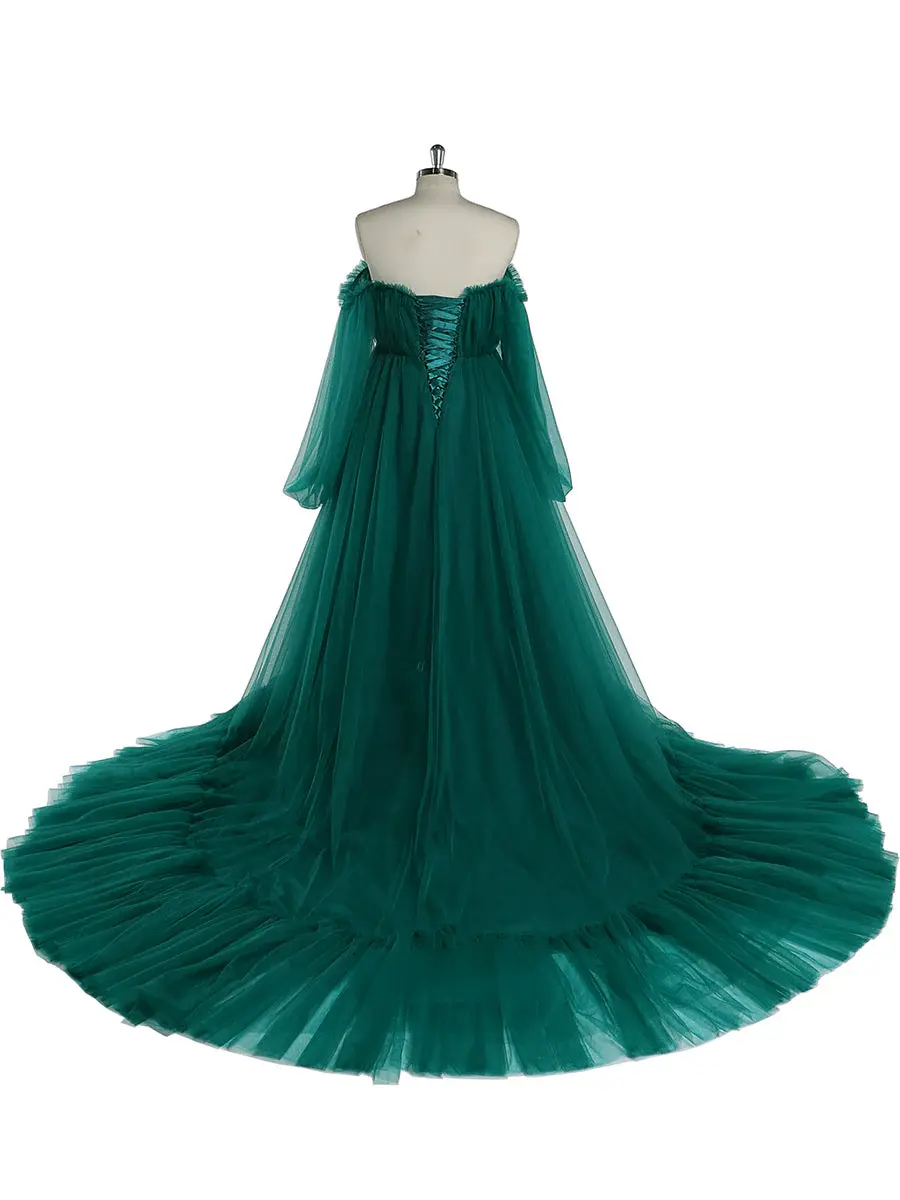 Una línea fuera del hombro vestido de fiesta verde salvia Vestido de novia largo de tul Mangas de burbuja