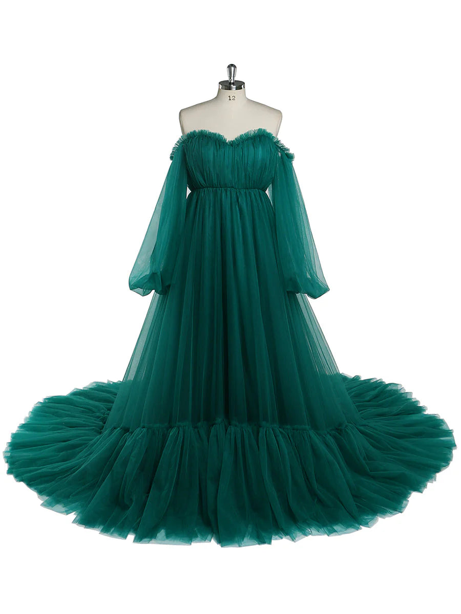 Una línea fuera del hombro vestido de fiesta verde salvia Vestido de novia largo de tul Mangas de burbuja