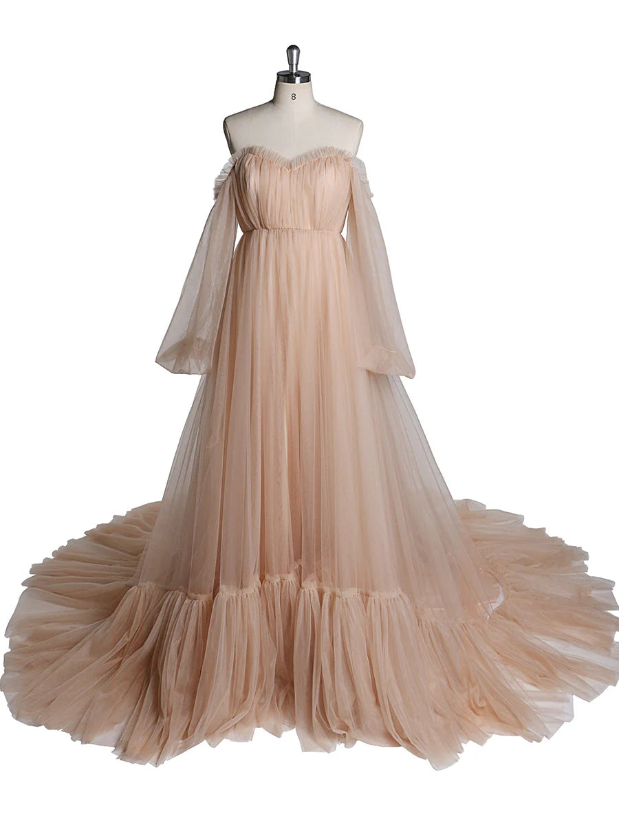 Una línea fuera del hombro vestido de fiesta verde salvia Vestido de novia largo de tul Mangas de burbuja