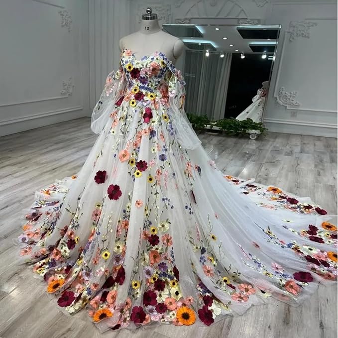 A Line Puff Sleeves Beach Wedding Dresses 3D Florals Off Shoulder