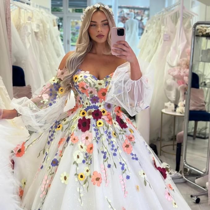 A Line Puff Sleeves Beach Wedding Dresses 3D Florals Off Shoulder