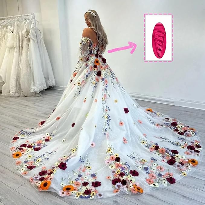 A Line Puff Sleeves Beach Wedding Dresses 3D Florals Off Shoulder