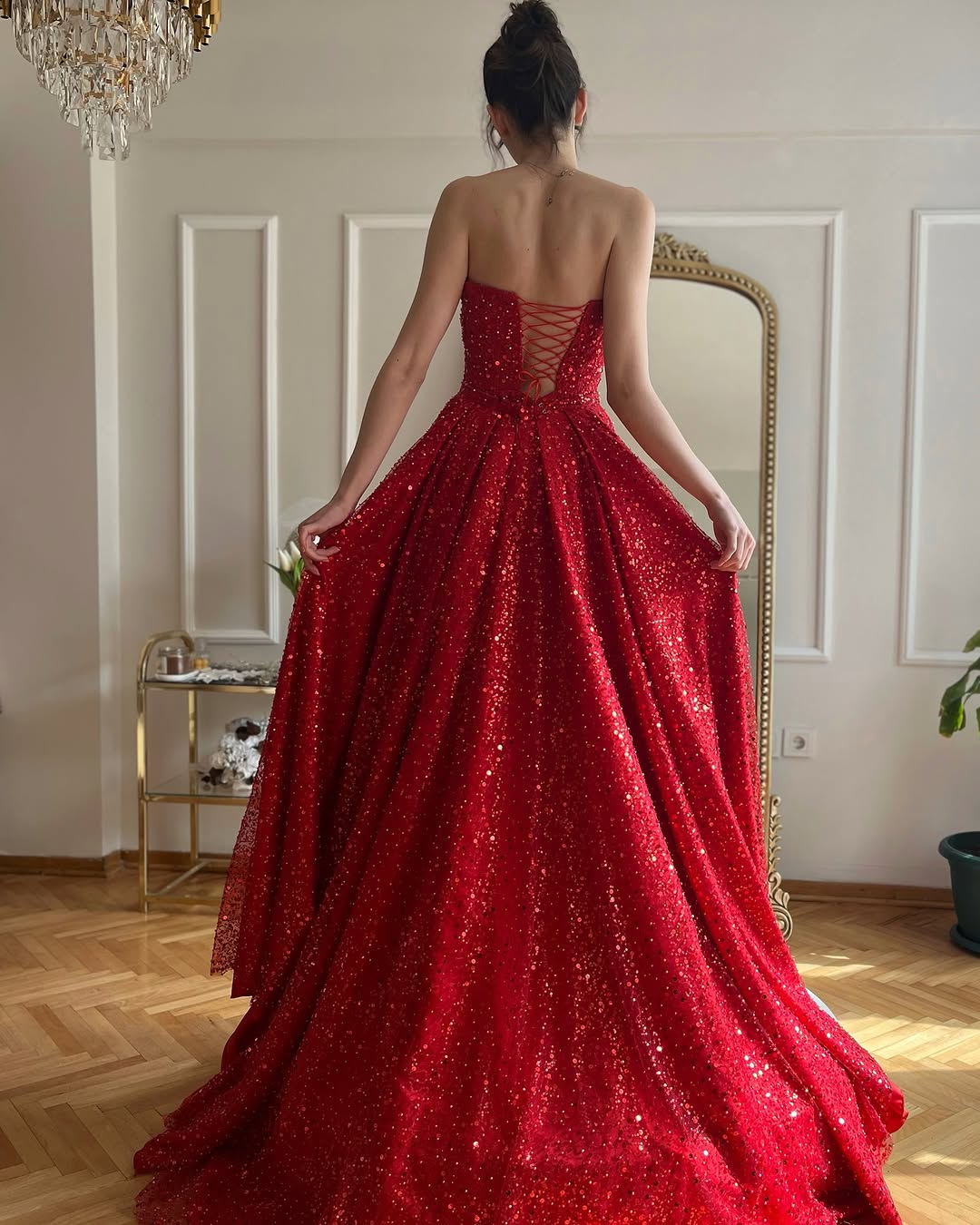 A Line Strapless Red Sequin Prom Dress Long Evneing Gown UK