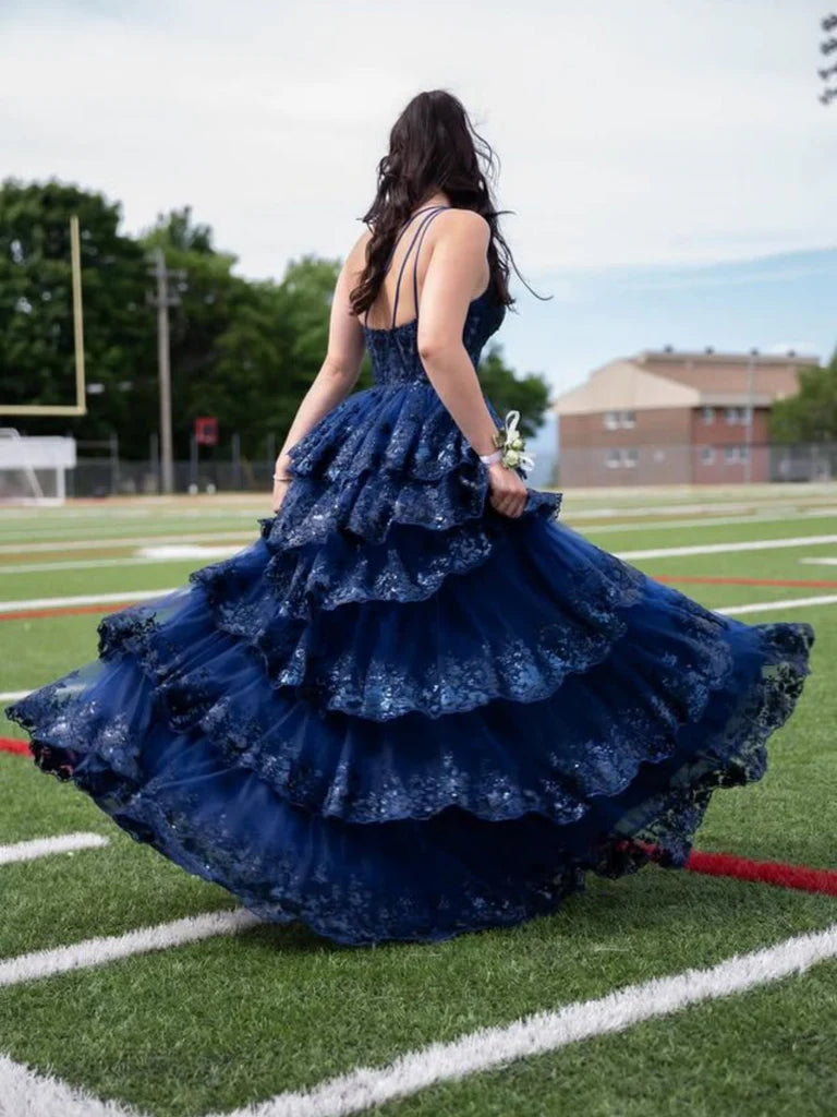A-Line Tiered Navy Blue Sequin-Embroidery Prom Dress Ruffle Skirt with Slit