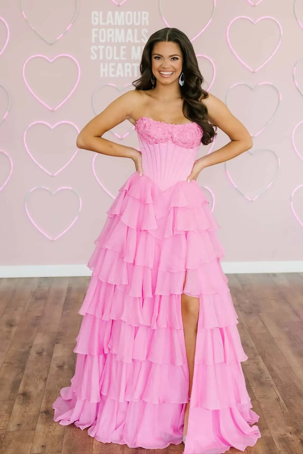 A Line pink Corset Prom Dresses Lace Chiffon Strapless with Ruffles