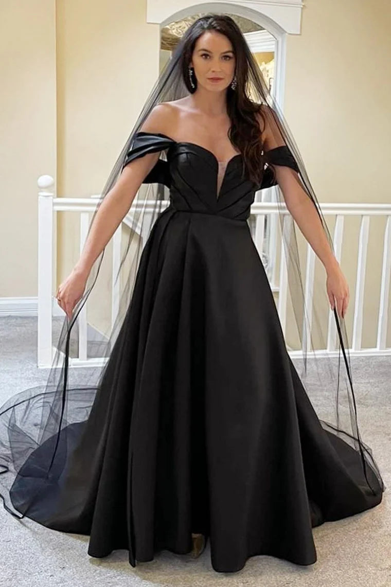 A-Line Black Satin Wedding Dress Pleated Off-the-Shoulder with wedding veil - MyChicDress