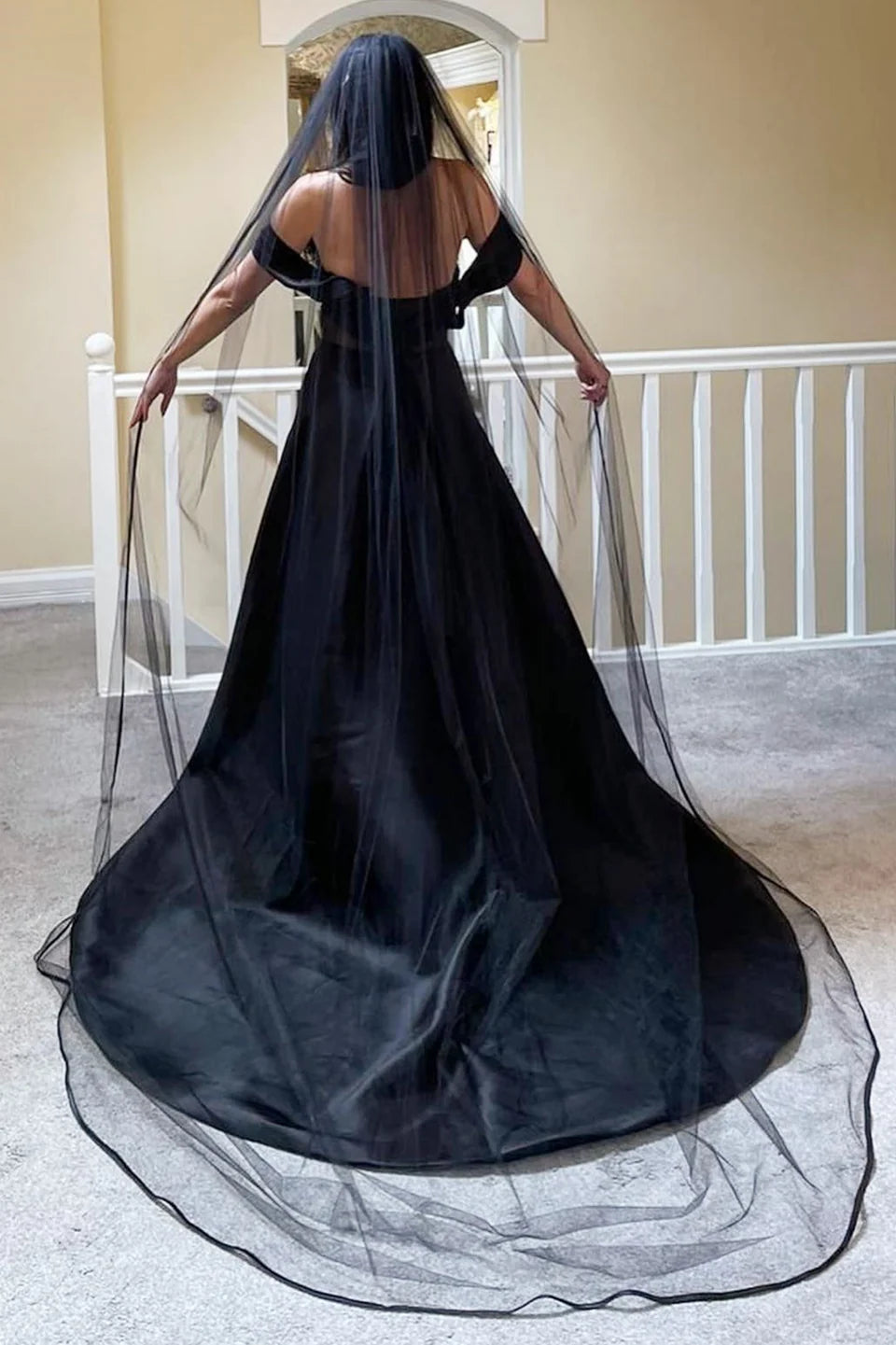 A-Line Black Satin Wedding Dress Pleated Off-the-Shoulder with wedding veil - MyChicDress