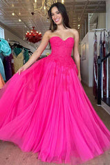 2024 Una línea de vestidos de fiesta de color rosa fuerte Vestido de noche largo Novia con apliques