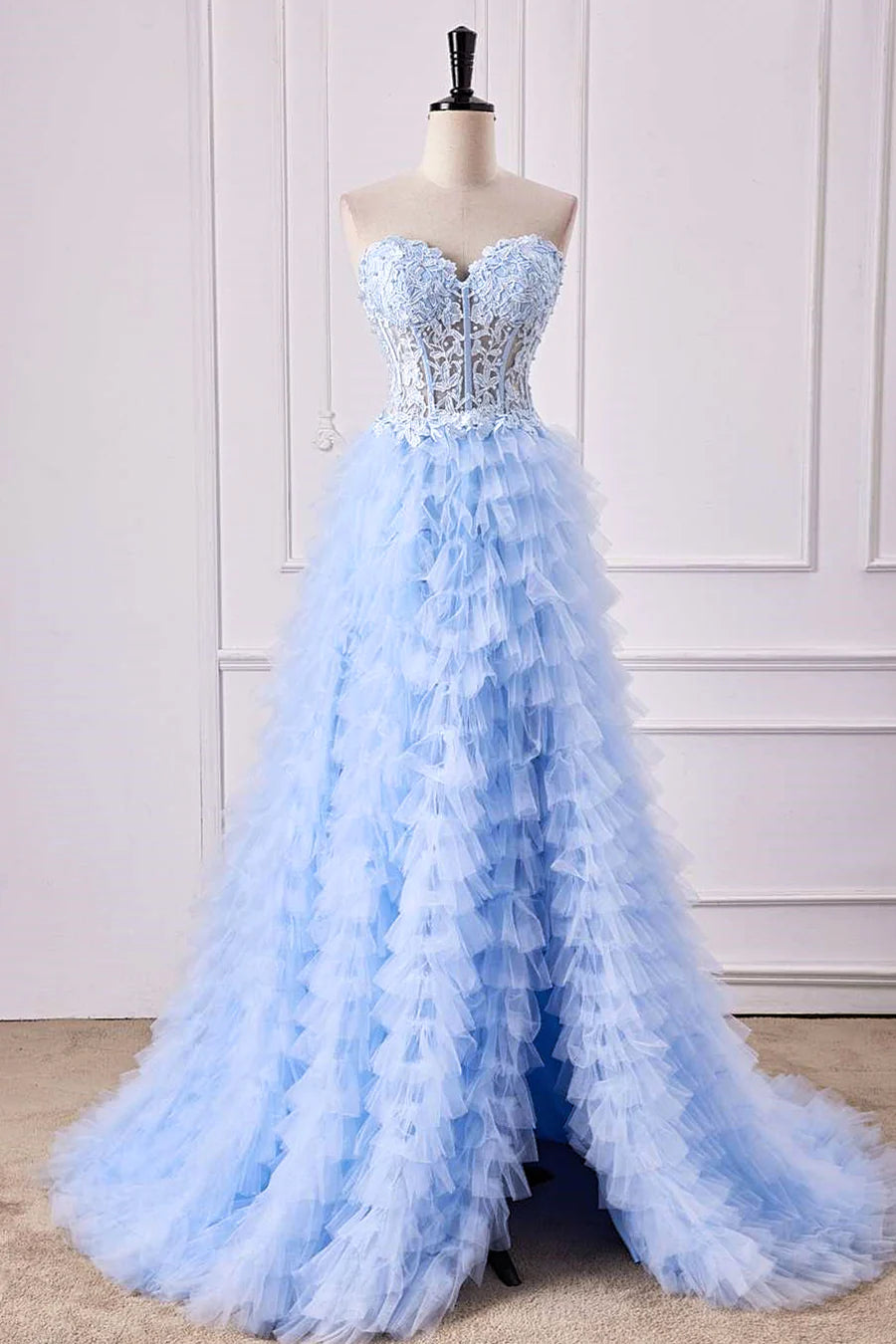 A-Line Light Blue Lace Ruffle Prom Dress Corset Sweetheart Strapless