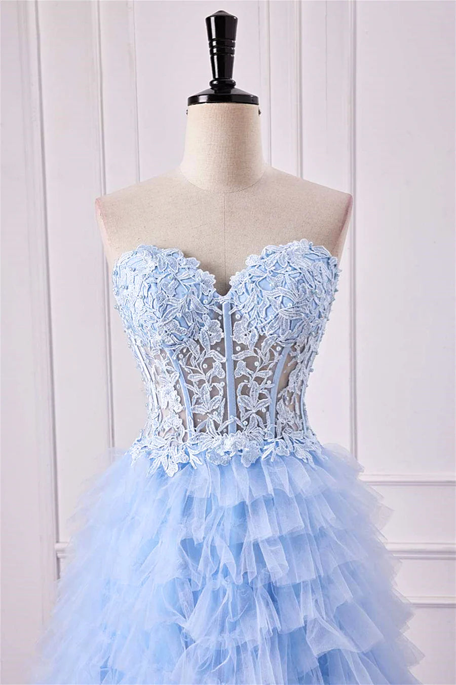 A-Line Light Blue Lace Ruffle Prom Dress Corset Sweetheart Strapless - MyChicDress