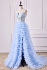 A-Line Light Blue Lace Ruffle Prom Dress Corset Sweetheart Strapless